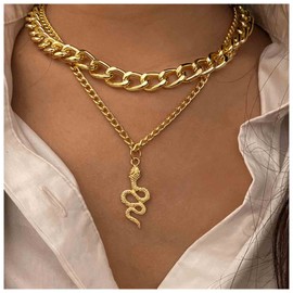 Allereya Punk Layered Snake Necklace Choker Gold Curb Chain Necklace Vintage Snake Pendant Necklace Chunky Cuban Link Chain Necklace Jewelry for Women and Girls (A)