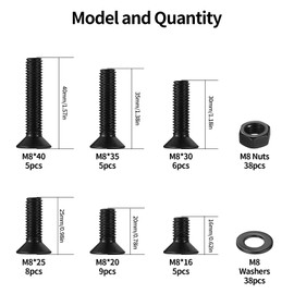115 Pcs M8 Screws Set, M8 Bolts and Nuts Set, Countersunk Screws Nuts and Bolts Sets, Flat Head Machine Screw and Washers, Hex Socket Head Cap Screw Assortment with Wrench
