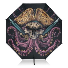 Coikll Large Windproof Umbrella Auto Open Folding Umbrella, 8 Ribs Rain Proof Reverse Umbrella for Travel Golf-(Octopus Skull with A Pirate)