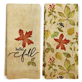 BitKAM Vintage Fall Kitchen Towels Set of 2, Retro Hello Fall Maple Leaf Dish Tea Towels for Kitchen, Farmhouse Autumn Maple Leaf Flower Decorative Hand Towels for Bathroom, 16x24 Inch