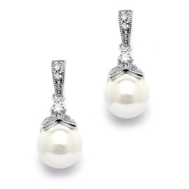 Mariell Pearl Drop Bridal Wedding Earrings with CZ Crystals for Bridee, Bridesmaids, Birthday Gift