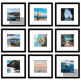 JCJMY 9 Pack 12x12 Picture Frame Gallery Wall Frame Set for 8x8 or 10x10 with 2 Mat or 12x12 Without Mat, Square Collage Wall Decor Photo Frames Bulk Set of 9 for Wall Hanging, Black