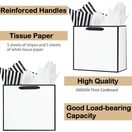 Offizon 12 Pcs White Gift Bags, Gift Bags with Tissue Paper (4 Small 6", 4 Medium 8.7", 4 Large 12.6"), Paper Bags with Handles for Birthdays and Holidays