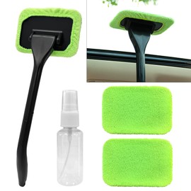 ongfuwu Car Windshield Cleaning Tool, Microfiber Auto Window Cleaner Set with 2 Washable & Reusable Cloth Pad Head, Long Handle and Spray Bottle, Universal Glass Wiper Cleaning Kit
