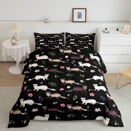 Cute Ferret Comforter Full Pink Cherry Blossoms Bedding Set for Girls Women, White Brown Ferrets Bedding Comforter Sets Chic Flower Floral Bed Set, Black Green Bedding Comforters & Sets Super Cozy