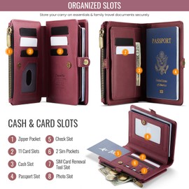 Passport Holder Wallet, RFID Blocking Travel Organizer with 12 Card Slots, Zippered Coin Pocket & Detachable Wrist Strap Secure Magnetic Closure Passport Case for Men & Women (Purple)