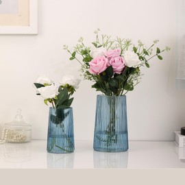 MARTAGE Ribbed Flower Vases Set of 2, Blue Vases for Flowers, Flower Vase for Bouquet, Modern Ribbed Glass Vase for Living Room, Bedroom, Dining Table, Office, Wedding, Centerpieces