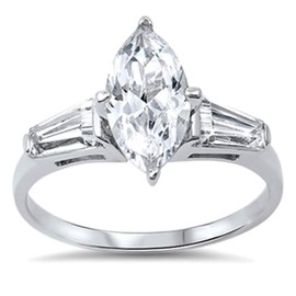 Sterling Silver Baguette Accent Marquise CZ Solitaire Engagement Ring 14MM (Size 5 to 10), 5
