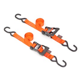 PowerTye 1.5in x 7ft Ergonomic Locking Ratchet Straps with Heavy-Duty S-Hooks - Made in USA - 1,000 lb. Working Load Limit / 3,000 lb. Breaking Strength - Orange (Pair)