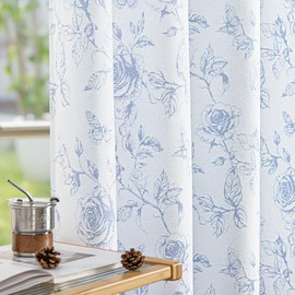 FMFUNCTEX Blue Floral Jacquard Curtains for Bedroom, Rose Flower Patterned Curtains 84 Inches Long Light Filtering Drapes for Living Room, Double Sided Design Drapes Grommet Top 2 Panles