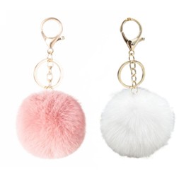 COZENTA Charm, Fluffy, Pom Pom Keychain, Cute, Set of 2 (Pale Pink 2, White)