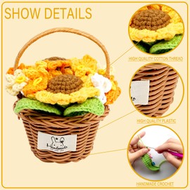 Handmade Crochet Flowers,Cute Sunflower Handwoven Flower Girl Basket Hand Woven Sunflowers Daisy Knitted Potted Plants Knitted Sunflower Wedding Flower Basket with Handle