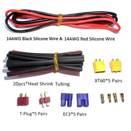 Hobbymall XT60 EC3 Deans T-Plug Male Female Connector Adapters+14AWG Silicone Wire+Heat Shrink Tubes for RC ESC Motor Lipo Battery