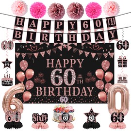 Trgowaul 60th Birthday Decorations for Women, 21pcs Rose Gold Happy Birthday Party Supplies, Backdrop, Hanging Swirl Flag, Birthday Balloons, 60 Year Old Birthday Set