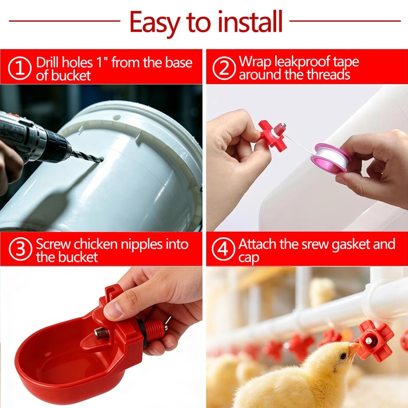12 Pcs Horizontal Chicken Waterer Nipples with Cups, Leak Proof