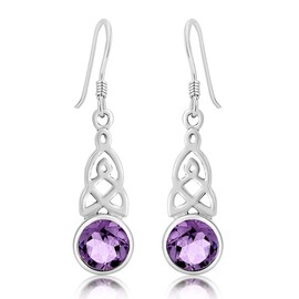 DTPSilver - Women's Hook Earrings 925 Sterling Silver - Celtic Trinity Knot - Celtic Collection - Various Natural Gemstones Available, Silver, Amethyst