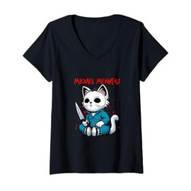 Womens Funny Cat Motif Crazy Cat Graphic Michael Meowers Cat V-Neck T-Shirt