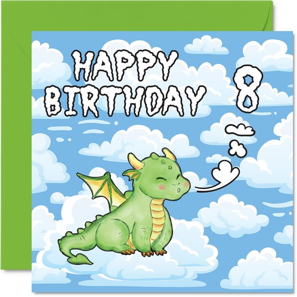 8th Birthday Card Unisex - Cute Dragon - Happy Birthday Card 8 Year Old, 145mm x 145mm Greeting Card for Son Daughter Brother Sister Grandson Granddaughter Niece Nephew Cousin