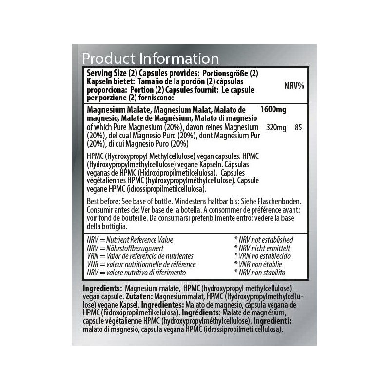Magnesium Malate Capsules Not Tablets Bioavailable Mineral Supplement Easy to