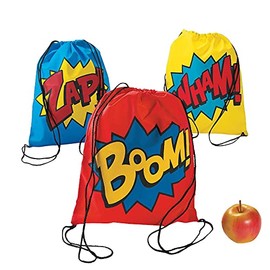 Superhero Drawstring Backpack Bags, Set of 12 - Comic Theme Birthday Party Favors, Giveaways and Handouts