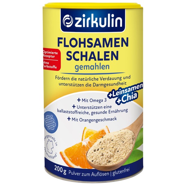 Zirkulin Psyllium Husks Ground with Chia and Flaxseed, High-Quality Fibre for Drinking with Orange Flavour, 1 x 200 g