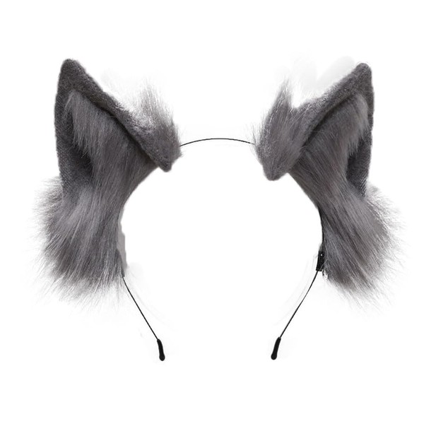 ILUFAM Furry Fox Wolf Cat Ears Headband Faux Fur Animal Ears Cosplay Party Costume Accessories Headwear (Grey)