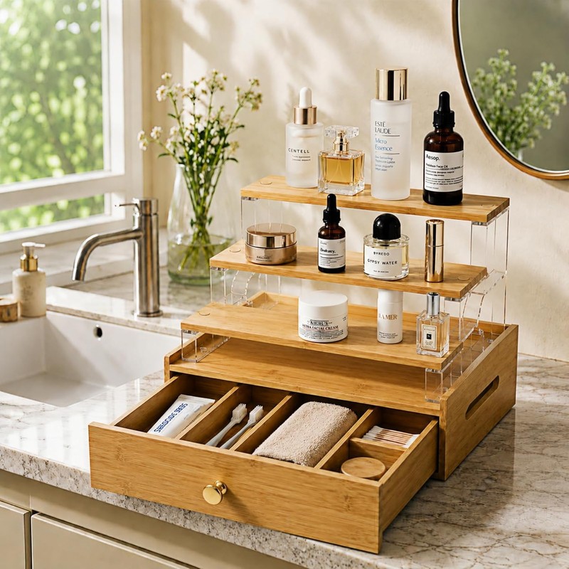 Bamboo Perfume Organizer with Drawer, 3 Tier Makeup Display for