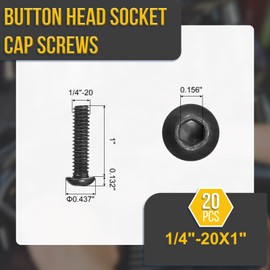 DTGN 1/4"-20x1 Button Head Socket Cap Screws - 20Pack - Good for Road Bicycle, Mountain Bike, Auto, Motorcycle - Carbon Steel Black Oxide - Hex Socket Drive Fasteners