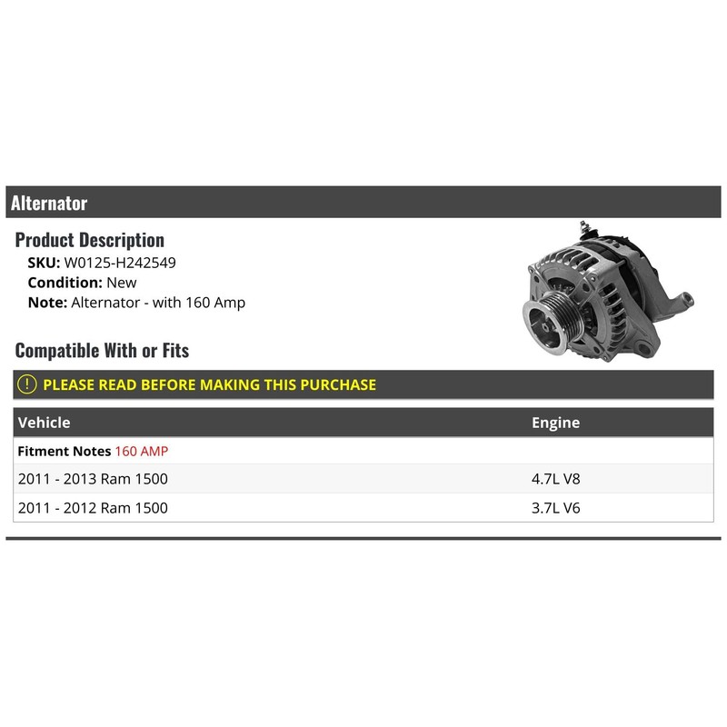 Alternator - 160 Amp - Compatible with 2011-2013 Ram 1500