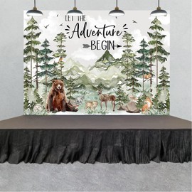 Woodland Baby Shower Backdrop Banner – 7×5 ft “Let The Adventure Begin” Forest & Mountain Wildlife Photography Background, Green Wilderness Party Decor