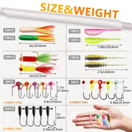 Dovesun 105pcs Crappie Lures with Jig Heads Hooks Kit- Soft Plastic Worms-Tubes Bait 75Pcs 1/16 oz 30Pcs Crappie Jigs Fishing Lures Kit for Saltwater Freshwater Fishing