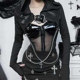 TOMETO STAR Gothic Vintage Female Sweatshirts Punk Y2K Crop Tops Street Hoodie Long Sleeve Pullover With Chain
