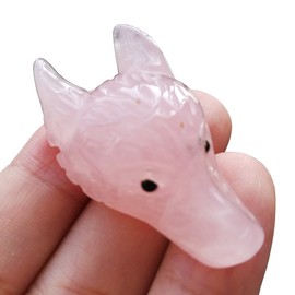 Manekieko Natural Rose Quartz 40mm Wolf Head Pocket Crystals and Healing Stone Figurine,Haped DIY-Jewelry Pendant