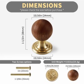 GUDBRUZ Wood Knobs with Solid Brass Base Gold Cabinet Hardware Modern Round Handles Walnut Pull for Kitchen Drawers Cabinets Vanity