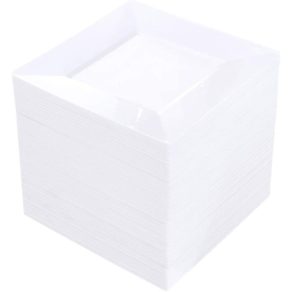 BUCLA 100PCS White Square Plastic Plates-6inch Disposable Cake Plates- Premium Hard Square Small Appetizer Plates for Wedding/Party