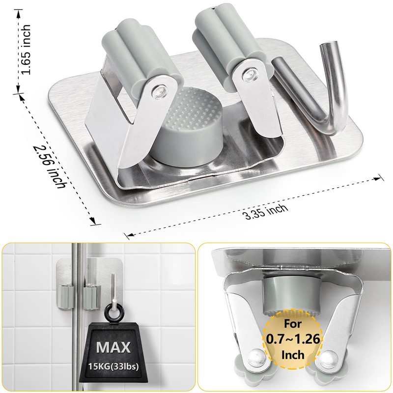 YUWANTING Stainless Steel Broom Holder, Self-Adhesive, 4 Gripper Positions, 4