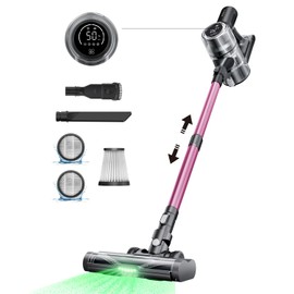Proscenic Cordless Vacuum Cleaner, 45Kpa 50Mins Runtime Vacuum Cleaners for Home with Green Light, Anti-Tangle, LED Display, Lightweight Stick Vacuum for Pet Hair, Floor&Carpet, P13(Pink)