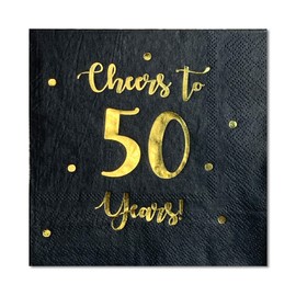 Cheers to 50 Years Cocktail Napkins | Happy 50th Birthday Decorations for Men and Women and Wedding Anniversary Party Decorations | 50-Pack 3-Ply Napkins in Black and Gold | 5 x 5 inch Folded