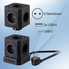 revolt Desk Sockets: 13-in-1 Socket Tower, 9 Sockets, 3x USB-A, USB-C, PD 20 W, Black (Desk Power Strip, Vertical Power Strip with USB)