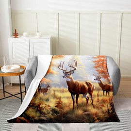 Cute Deer Flannel Fleece Throw Blanket Kids Deer Hunting All Season Bed Blanket for Sofa Couch Teens Antlers Fuzzy Blanket Breathable Western Farmhouse Red Orange Plush Blanket Twin 60"x80"