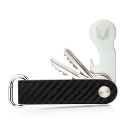 Leather Key Holder Organiser with Key Finding Service – Lost and Found – Stainless Steel Multitool Keyring – Shopping Trolley Remover Bottle Opener Profile Depth Gauge, Carbon