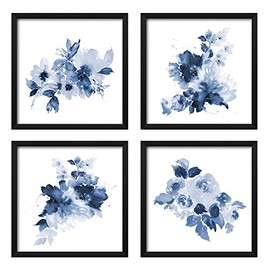 ArtbyHannah 10x10 Framed Blue Bathroom Floral Wall Art Set of 4 with Black Frames and Flower Print for Gallery Walls or Home Decoration
