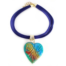 Collar cordones azul y corazon ceramica pintado a mano