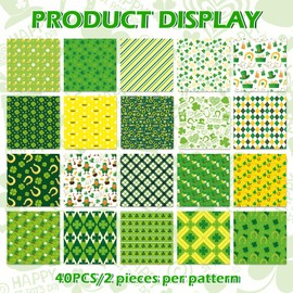 40Pcs St. Patrick's Day Squares Fabric Cotton Fabric Bundles Small Green White Shamrock Clover Quilting Coin Shoe Sewing Fabrics for Irish Holiday DIY Sewing Craft Decor, 10 x 10 Inch
