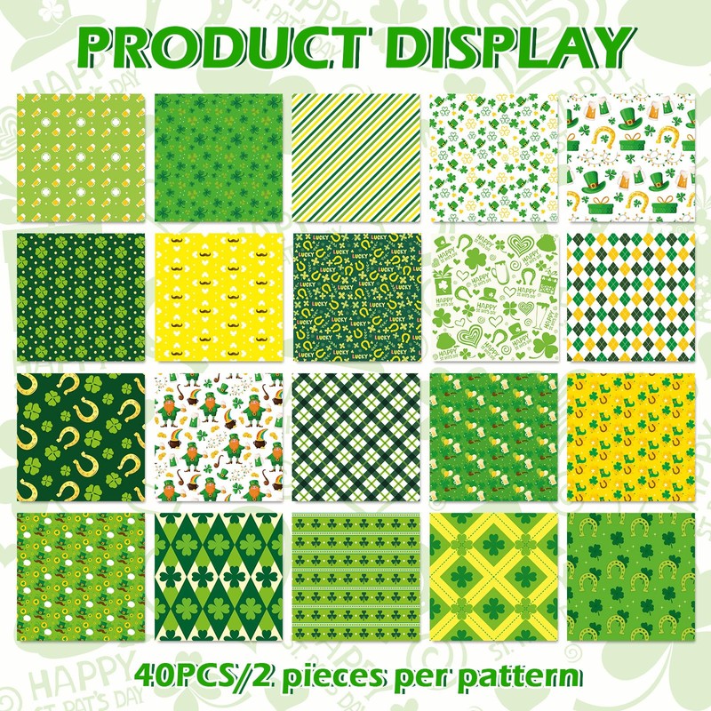 40Pcs St. Patrick's Day Squares Fabric Cotton Fabric Bundles Small