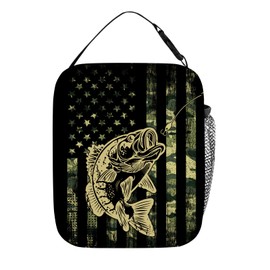 DOINBEE Camo Bass American Flag Lunch Box, Army Green Camouflage USA Flag Bass Fishing Bait Lunch Bag for Men Women Kids Boys Girls, Camo Fish Insulated Lunchbox Portable Thermal Cooler Tote Bag