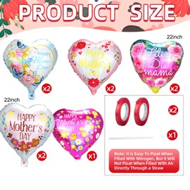 AxiyanX Happy Mother‘s Day Balloons 9PCS with Ribbon - 18 Inch Heart Foil Balloons, No Helium Required, Perfect for Mother’s Day Party Decorations, Gifts, Home & Office Decor