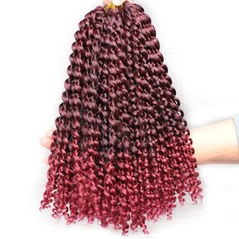 Xtrend 7 Pack 12 Inch Passion Twist Hair Ombre Burgendy Water Wave Synthetic Crochet Braids for Short Passion Twist Braiding Hair Goddess Locs Bohemian Curl Hair Extensions TBUG#