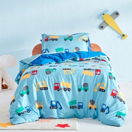 SLEEP ZONE Cute Printed Kids Duvet Cover Set Full/Queen Size 3 Pieces - Super Soft Comforter Cover with 2 Pillow Shams, Easy Care Zipper Closure (Construction Truck, Full/Queen)