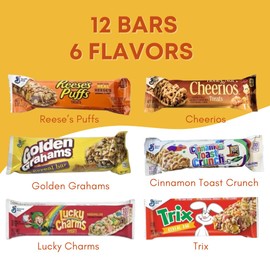 Breakfast Cereal Bars Variety Pack - (12) Cereal Treat Bars - Individually Wrapped Granola Bars - Cheerios, Lucky Charms, Cinnamon Toast Crunch, Golden Grahams, Peanut Butter Puffs, Trix Snack Bar Treats